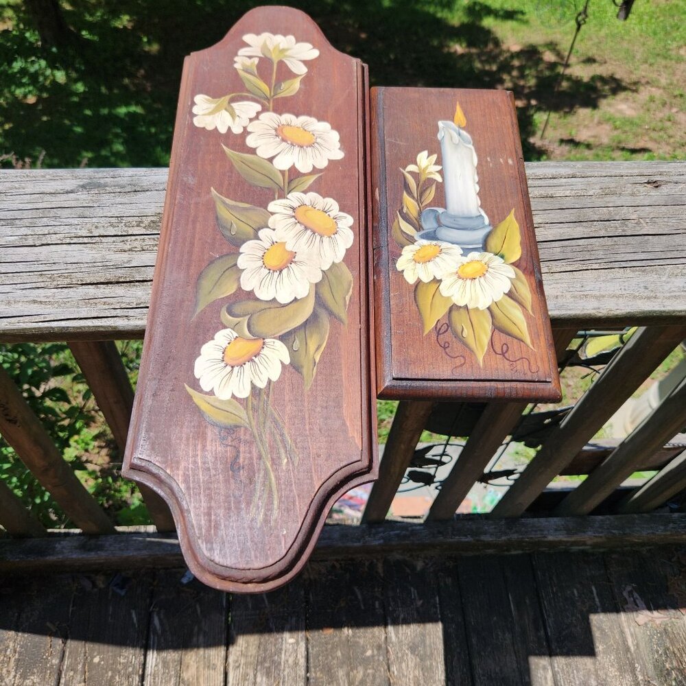 Vintage Hand Painted Floral & Candle Wood Wall Decor Set Farmhouse, Country, Rus